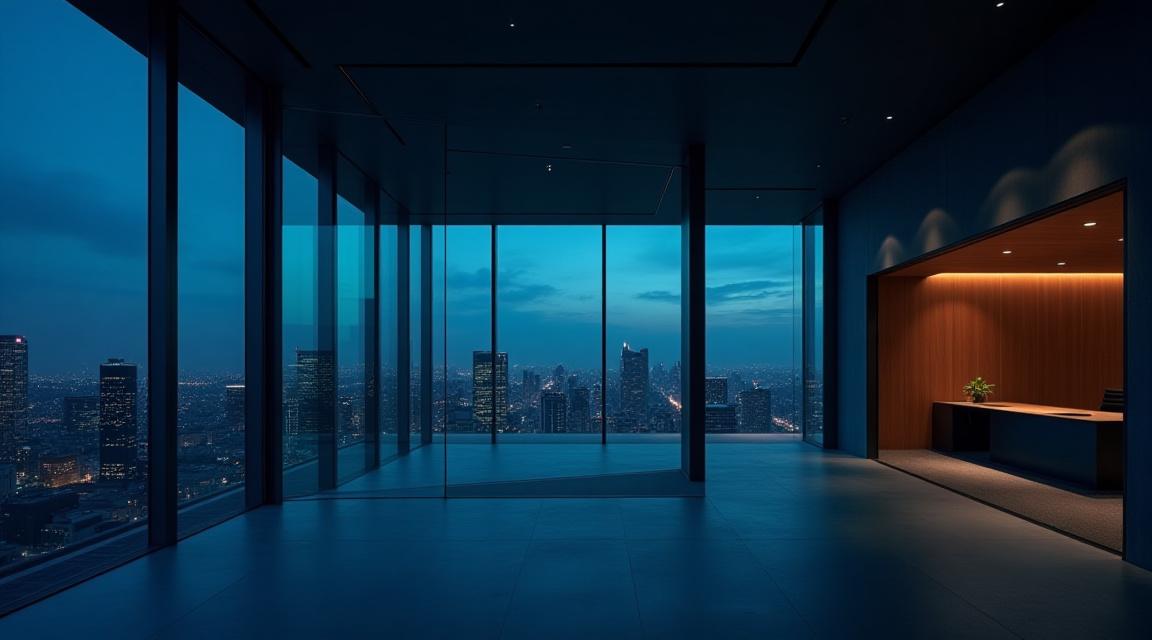 A high-end architectural office overlooking a financial district